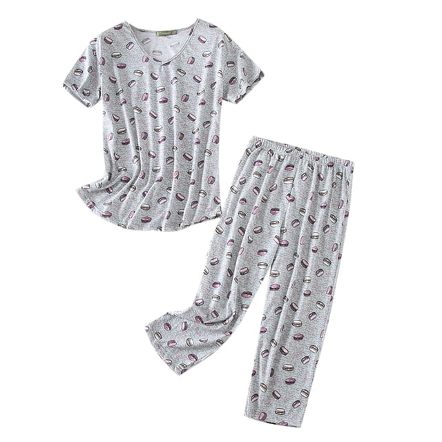XDZJLR Ensembles de Pyjama pour Femmes Coton Haut à Manches Courtes Pantalon Capri Plus Pyjamas Gris G