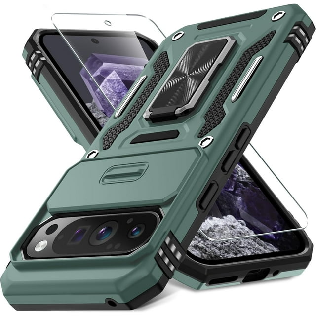 KOMI Case for Google Pixel 9/9 Pro with Slide Camera Cover+Screen Protector(1 Pack), Rotated Ring Kickstand Military Grade Shockproof Protective Cover-Green