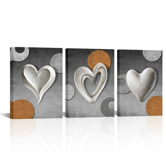 3 Piece Grey and Orange Wall Art Sculpture Heart Painting Picture Prints Modern Abstract Poster Artwork for Bathroom Living Room Decor