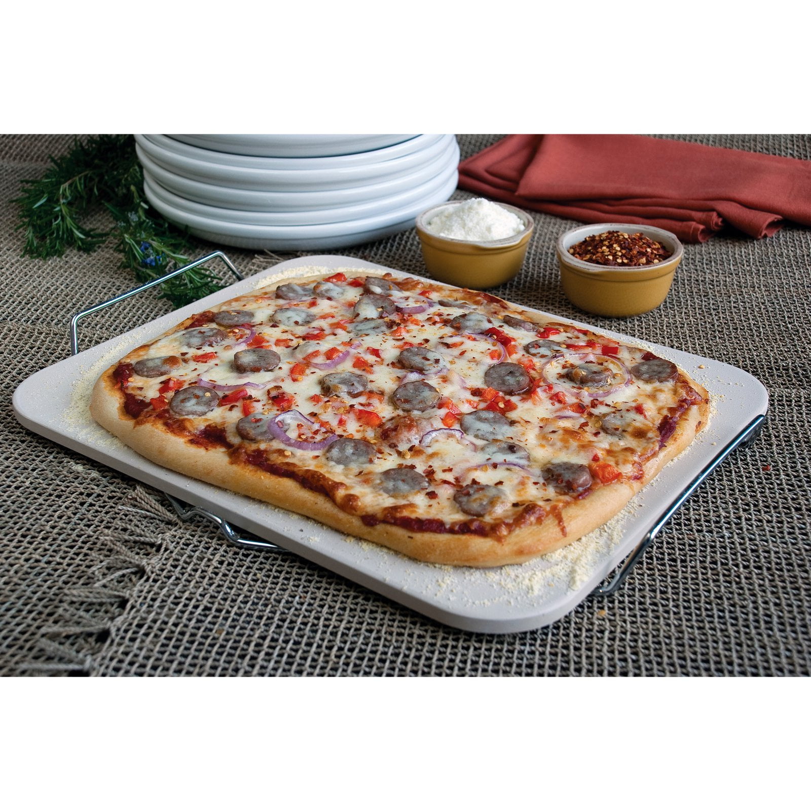 Pizzacraft Rectangle Pizza Stone and Baking Stone with Wire Frame