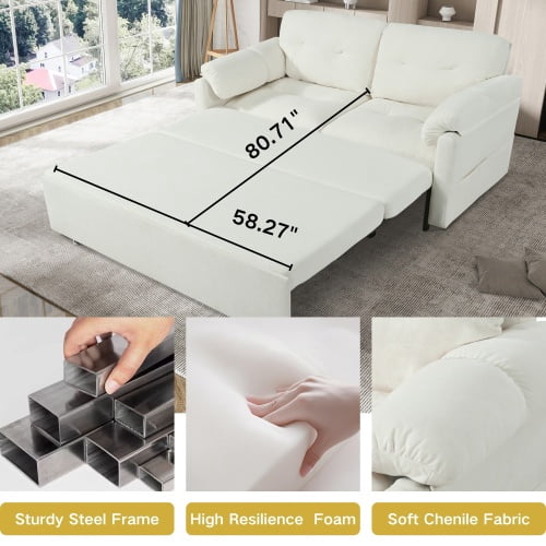 Convertible Sleeper Sofa, Queen Size Pull-Out Sofa Bed, 3-in-1 Chenille Loveseat with Side Storage & Casters for Living Room, Apartment, Beige