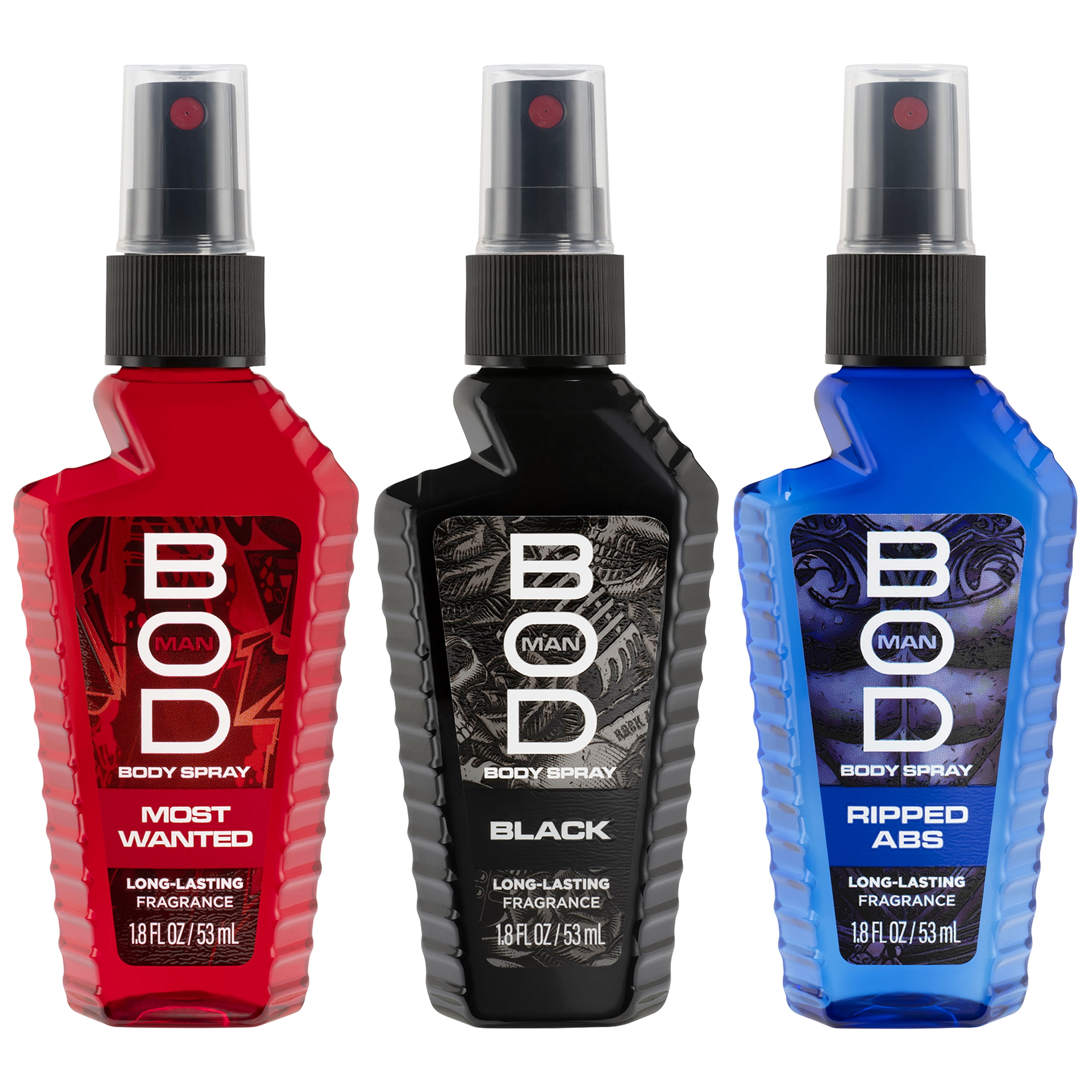 BOD Man Body Spray Gift Set, Black, Really Ripped Abs, Most Wanted, 3 Piece