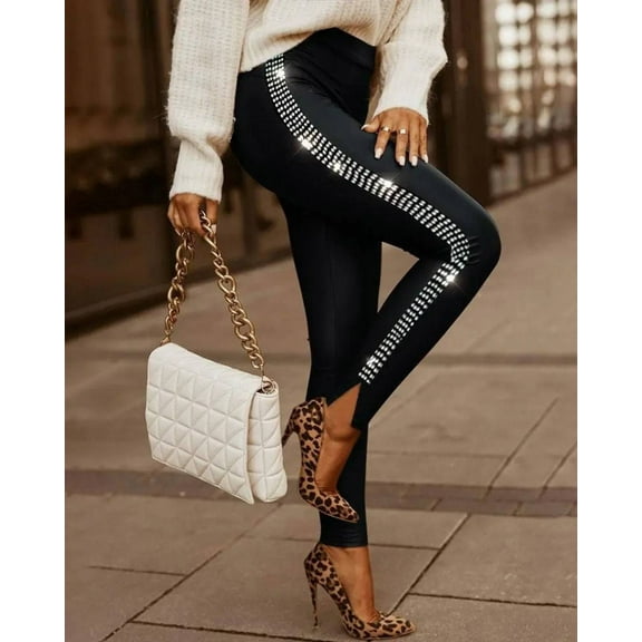 Rhinestone Decor Split Hem High Pants