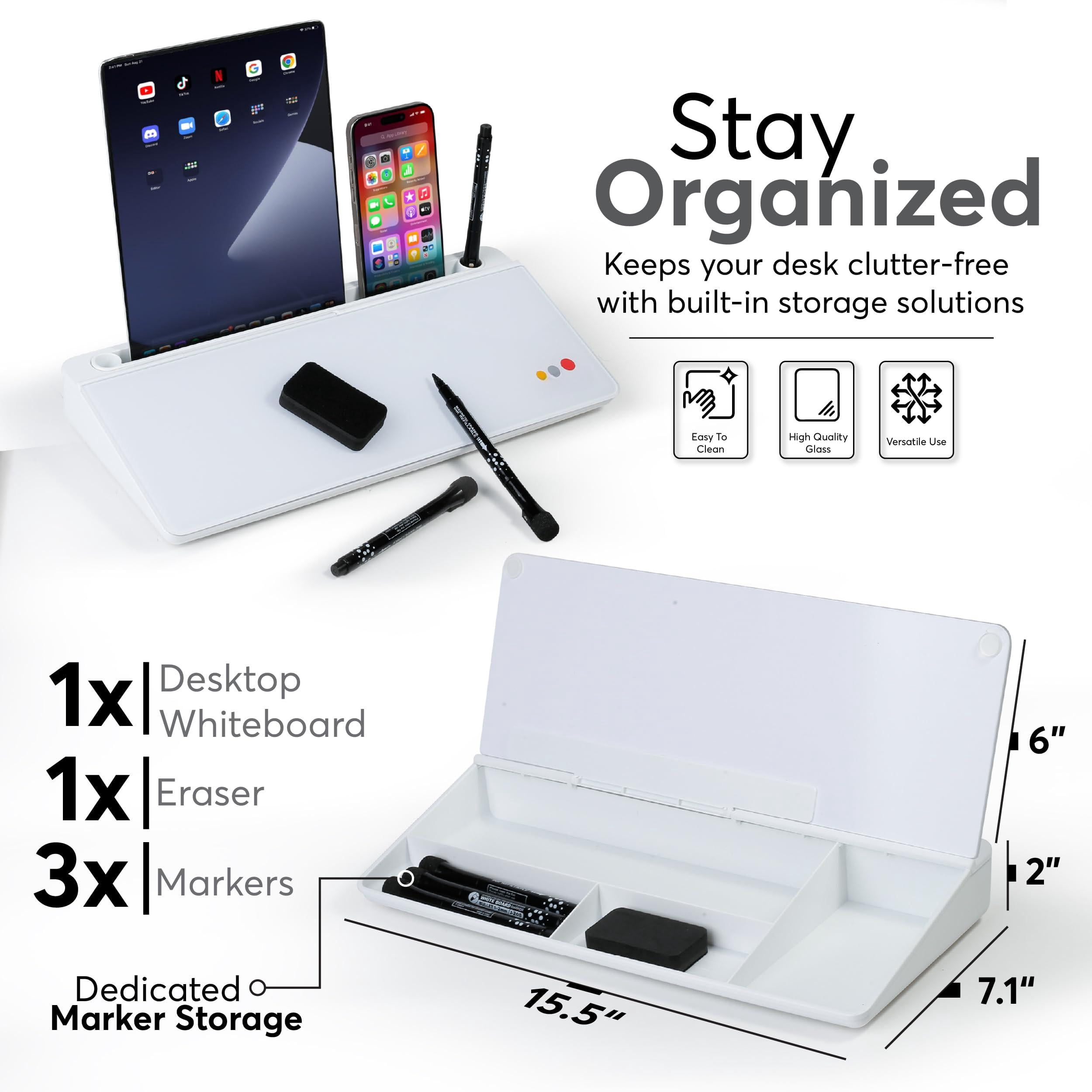 Small Glass Desktop Whiteboard With Storage 15.3"x7.08"x2.16" Inch Desk White Board Markers & Duster  Dry Erase Buddy Organizer For Home Office School (white)