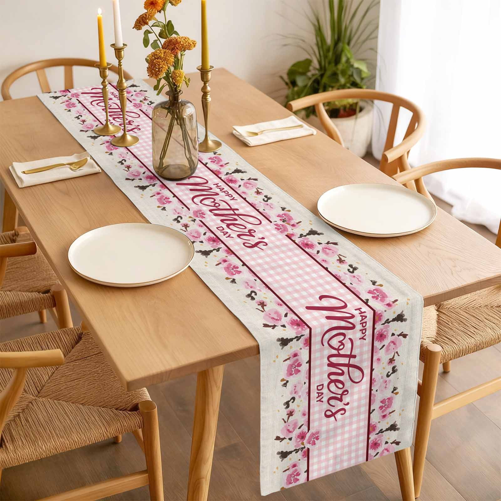 Happy Mother's Day Cotton Linen Table Runner for Dining Kitchen, Pink Floral Buffalo Plaid Burlap Wedding Outdoor Party Tablerunners Decoration, Dresser Scarf Coffee Tablecloth Runners 13x108 Inches