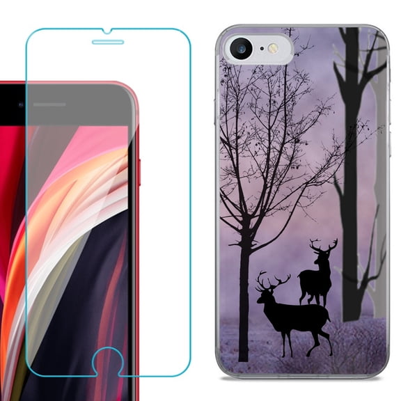 Slim-Fit Fashion Gel Phone Case for iPhone SE 2022, with Tempered Glass Screen Protector, by OneToughShield ® - Forest/Deer/Twilight