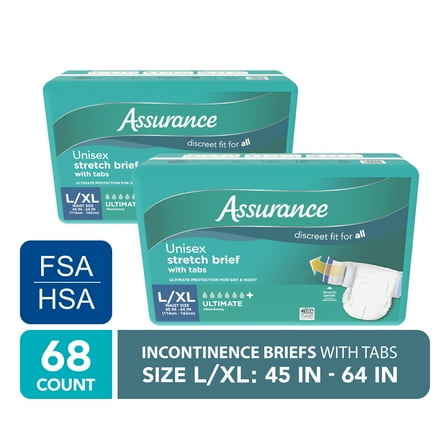 Assurance Unisex Stretch Briefs with Tabs, L/XL, 68 Count