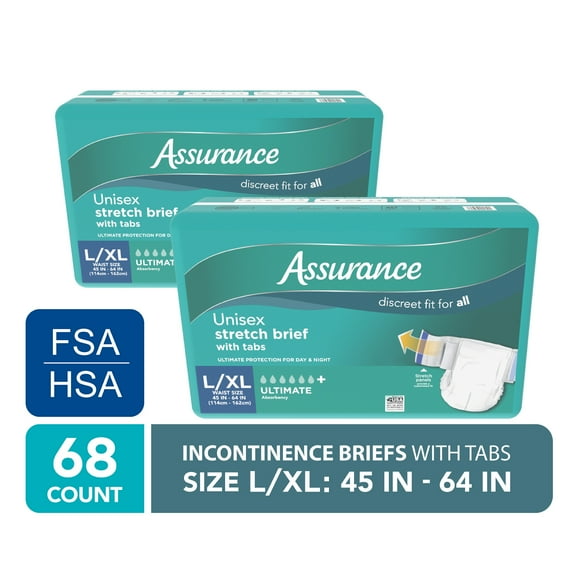 Assurance Unisex Stretch Briefs with Tabs, L/XL, 68 Count
