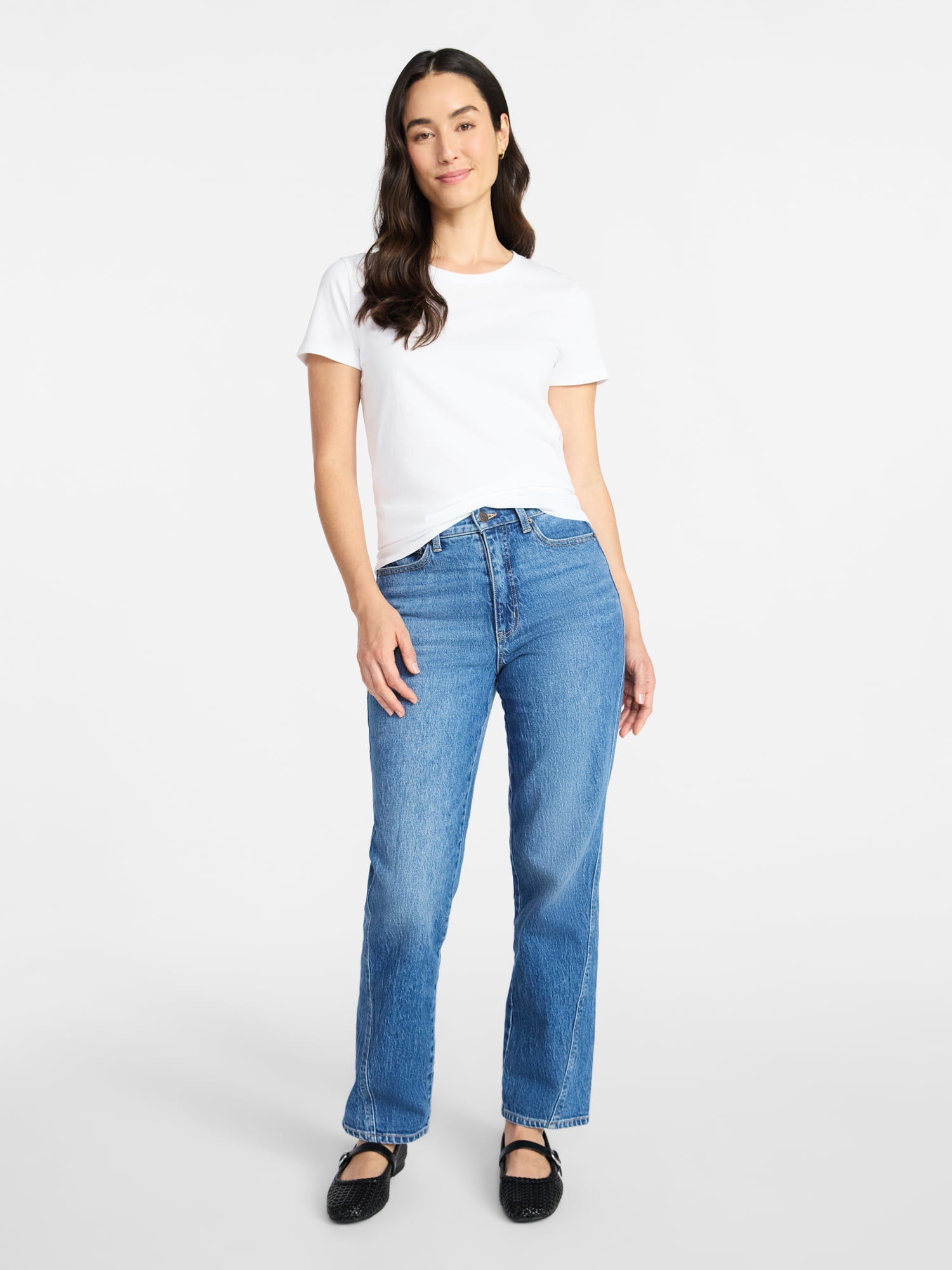 Time and Tru Women's High Rise Relaxed Straight Leg Jeans, 30" Inseam, Sizes 0-22