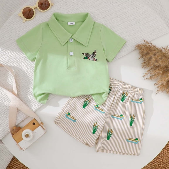 Toddler Boy Outfits 2 Piece Cartoon Print Turn Down Collar Short Sleeve Polo Shirt And Shorts for Casual Wear Baby Boys' Clothing Sets Green 6-12 Months