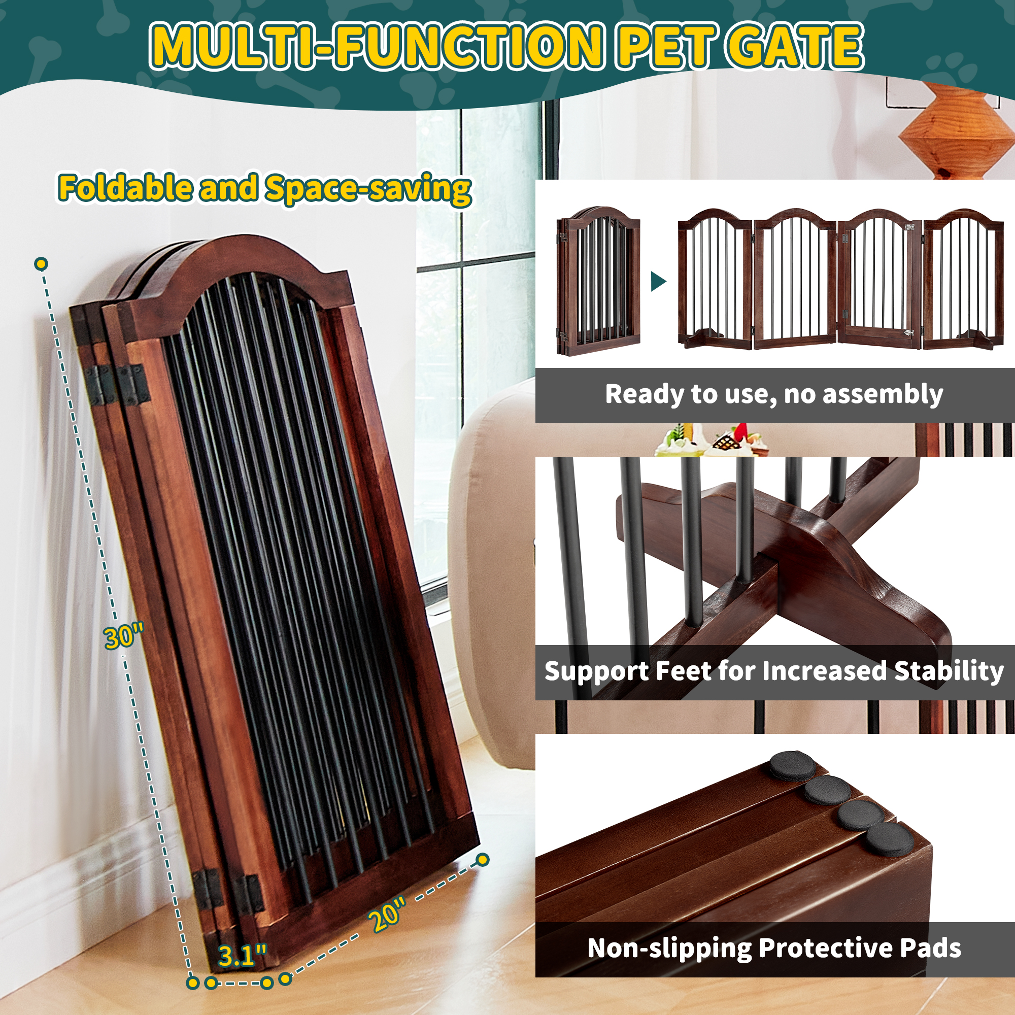TrumanPick Free Standing Pet Gate with Door 30"H x 84"W Foldable Dog Gate 4 Panels Solid Wooden Dog Fence Indoor with Support Feet for House Doorways Stairs, Brown