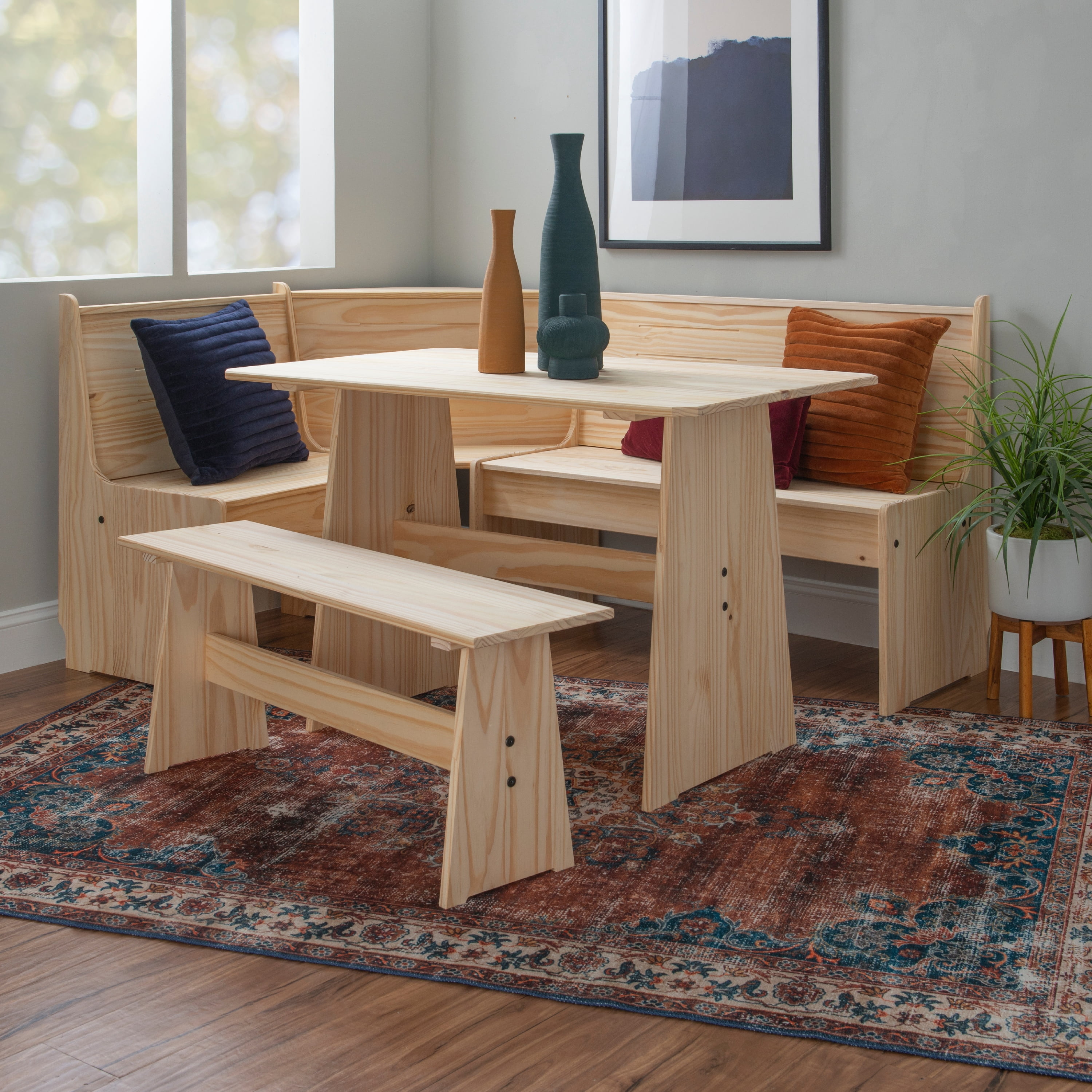 Linon Wickford 3-Piece Farmhouse Indoor Corner Dining Nook with Storage, Unfinished