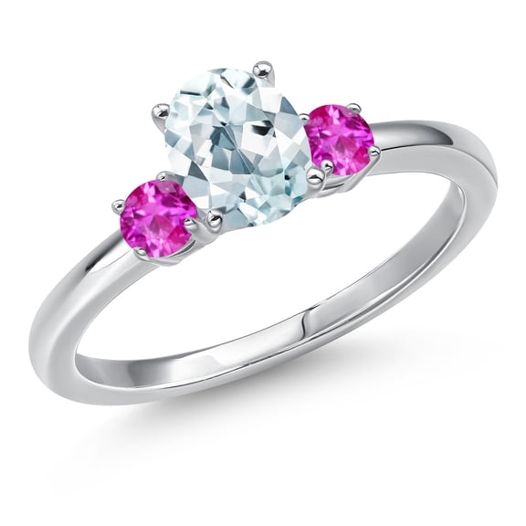 Gem Stone King 14K White Gold Sky Blue Aquamarine and Pink Sapphire Engagement Ring for Women | 1.02 Cttw | Oval 7X5MM | Gemstone March Birthstone | Size 8