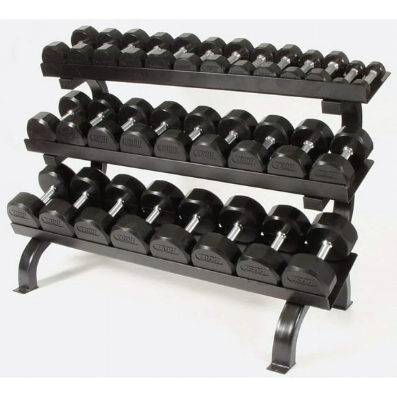 Troy Dumbbell Weight Set with Rack,5-75 lb. Pairs - Rubber Flat 12-Sided Head w/ 3 Tier Shelf Rack (Commercial Gym Quality)