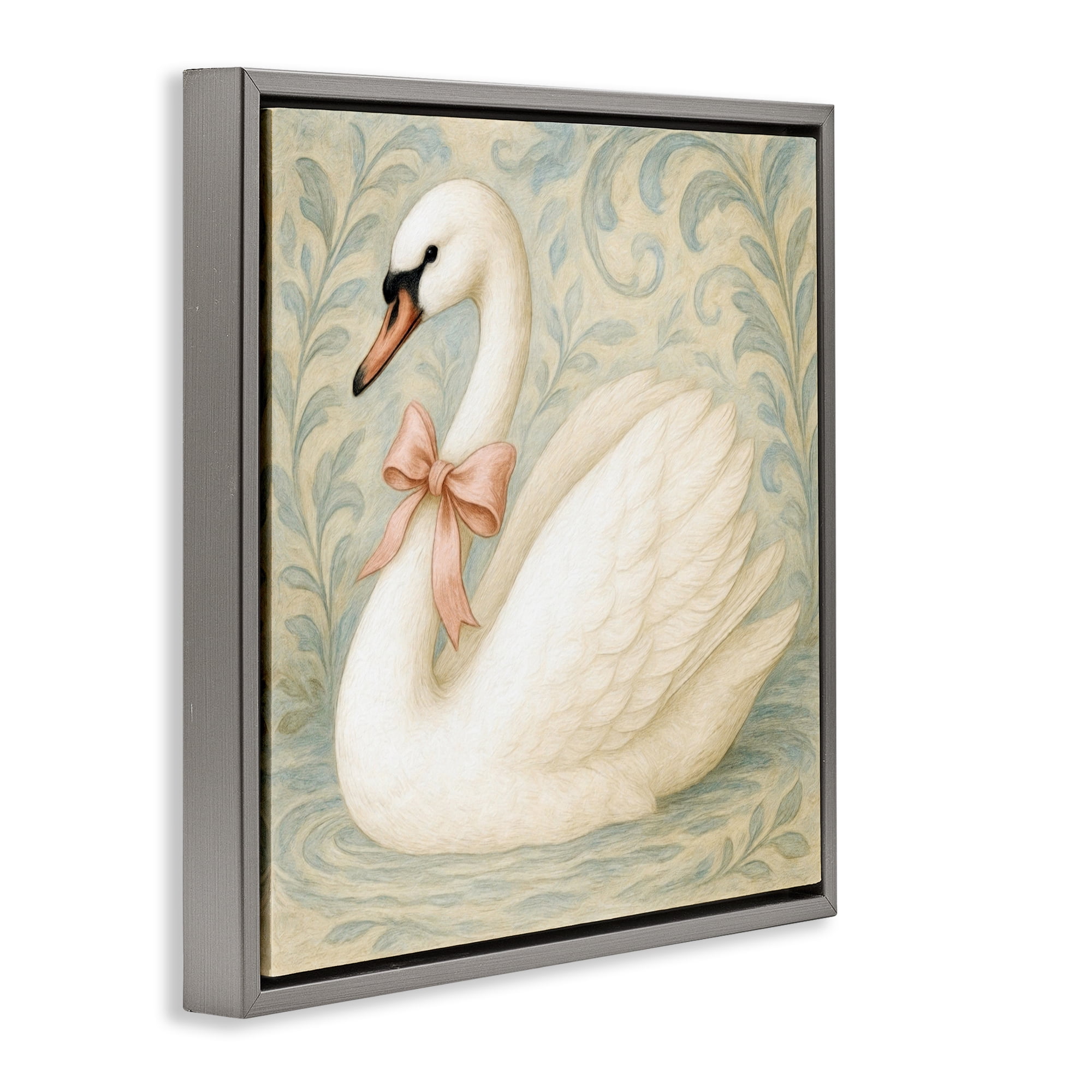 Stupell Industries Vintage Leaves Swan Gray Framed Floater Canvas Wall Art, design by Grotto Studios