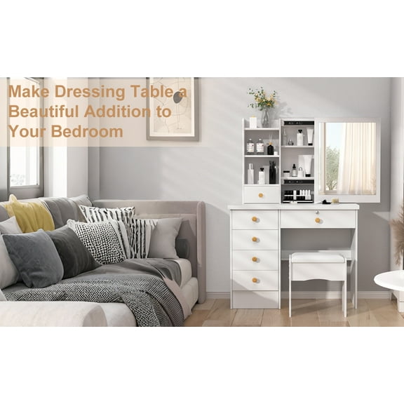 Meoldis Vanity Desk with Sliding Mirror & Lights, Makeup Dressing Table with 6 Drawers, 3 Open Shelves, 3 Lighting Modes, Compact White Vanity Table with Storage for Bedroom