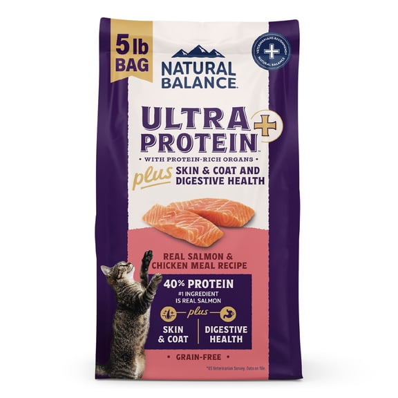 Natural Balance Ultra Protein Skin & Coat and Digestive Health Real Salmon & Chicken Meal Recipe Plus Dry Cat Food 5 lbs.