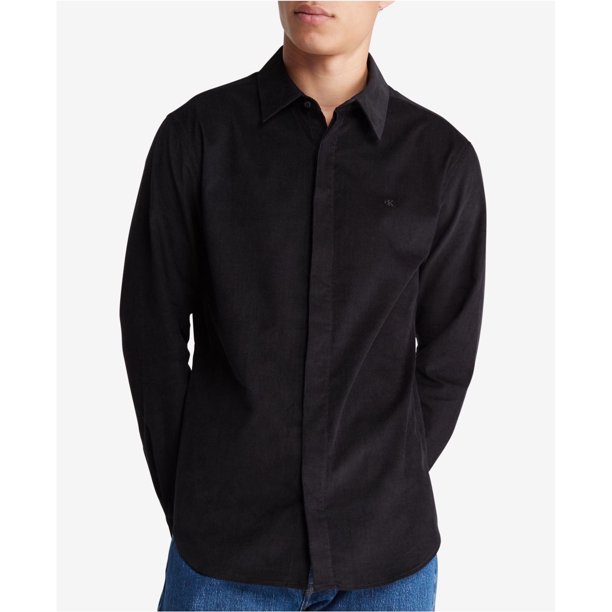 Calvin Klein Mens Regular Fit Solid Corduroy Button Up Shirt, black, XS Neck