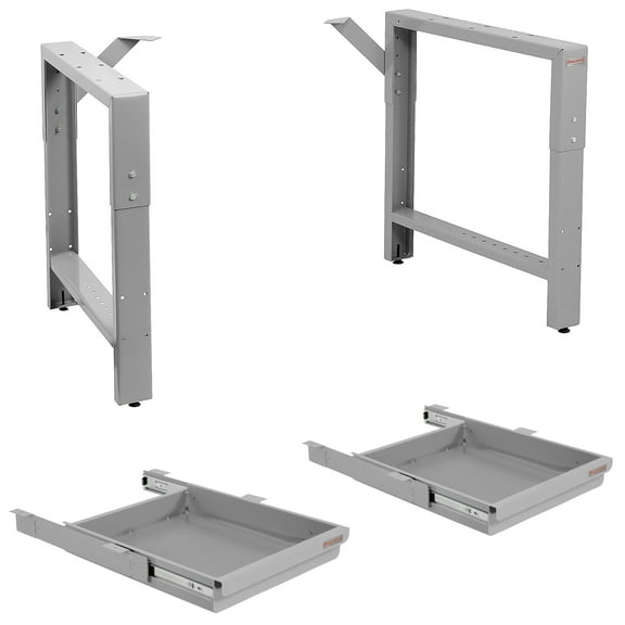 Garage Workbench Table Frame 20" Depth and Two 2" High Drawer Kit - Height Adjustable 29" to 35" - Gray