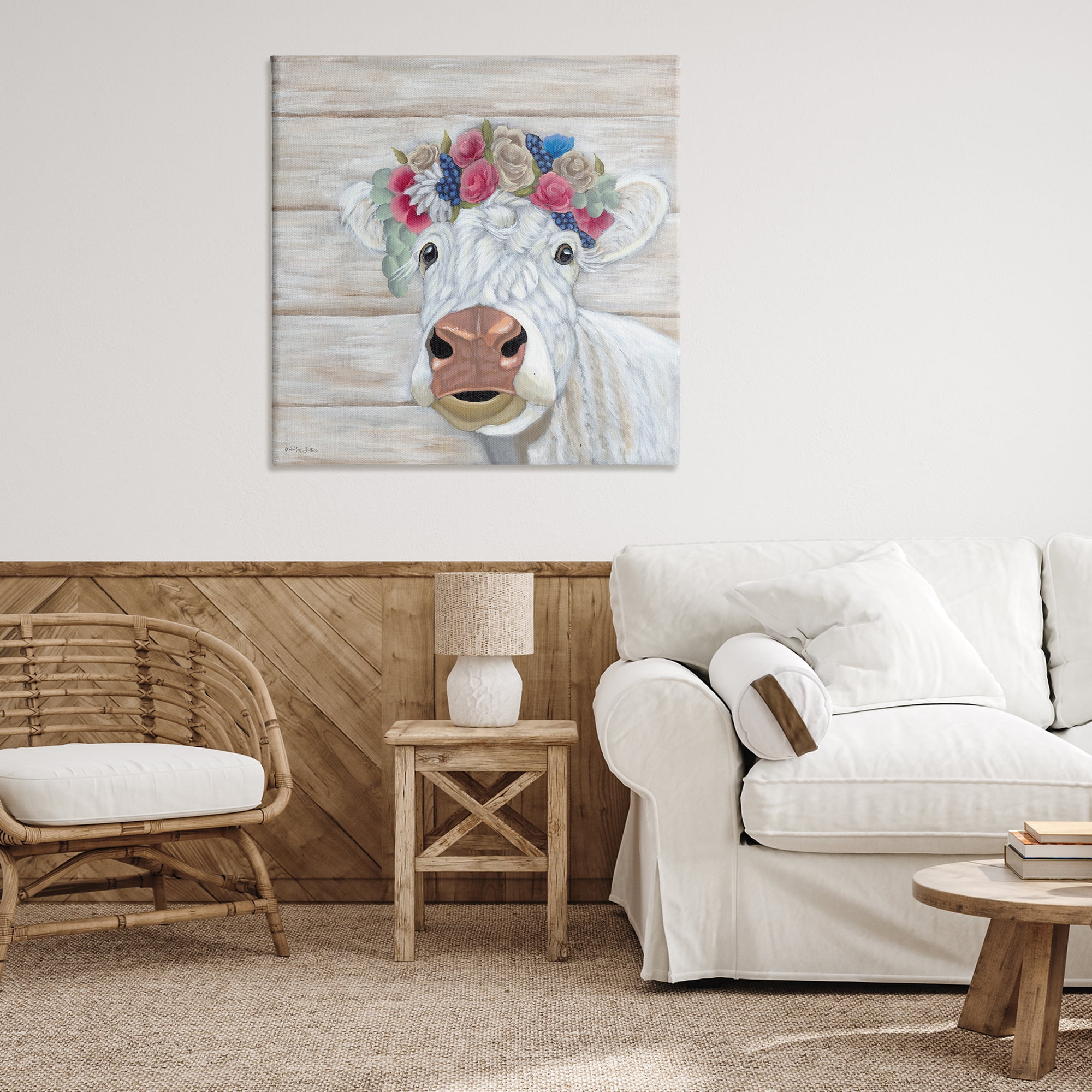 Stupell Industries Rustic Cow Flower Crown Animals & Insects Painting Gallery Wrapped Canvas Art Print Wall Art, 36 x 36