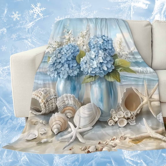Hydrangeas Flowers Cooling Blanket, Lightweight Breathable Summer Throw Blanket with Double Sided Cold Effect,Coastal Seaside Starfish Summer Picnic Beach Blankets Bed Sheet for Hot Sleepers 40"x60"