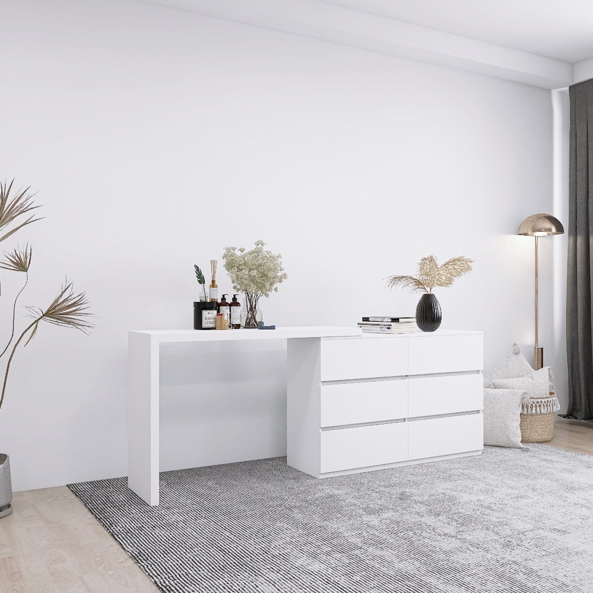 Leumius 6-Drawer Dresser,Extended Desktop Chest of Drawers,Handle-Free White Vanity with Rotatable Table Top for Bedroom/Living Room,White
