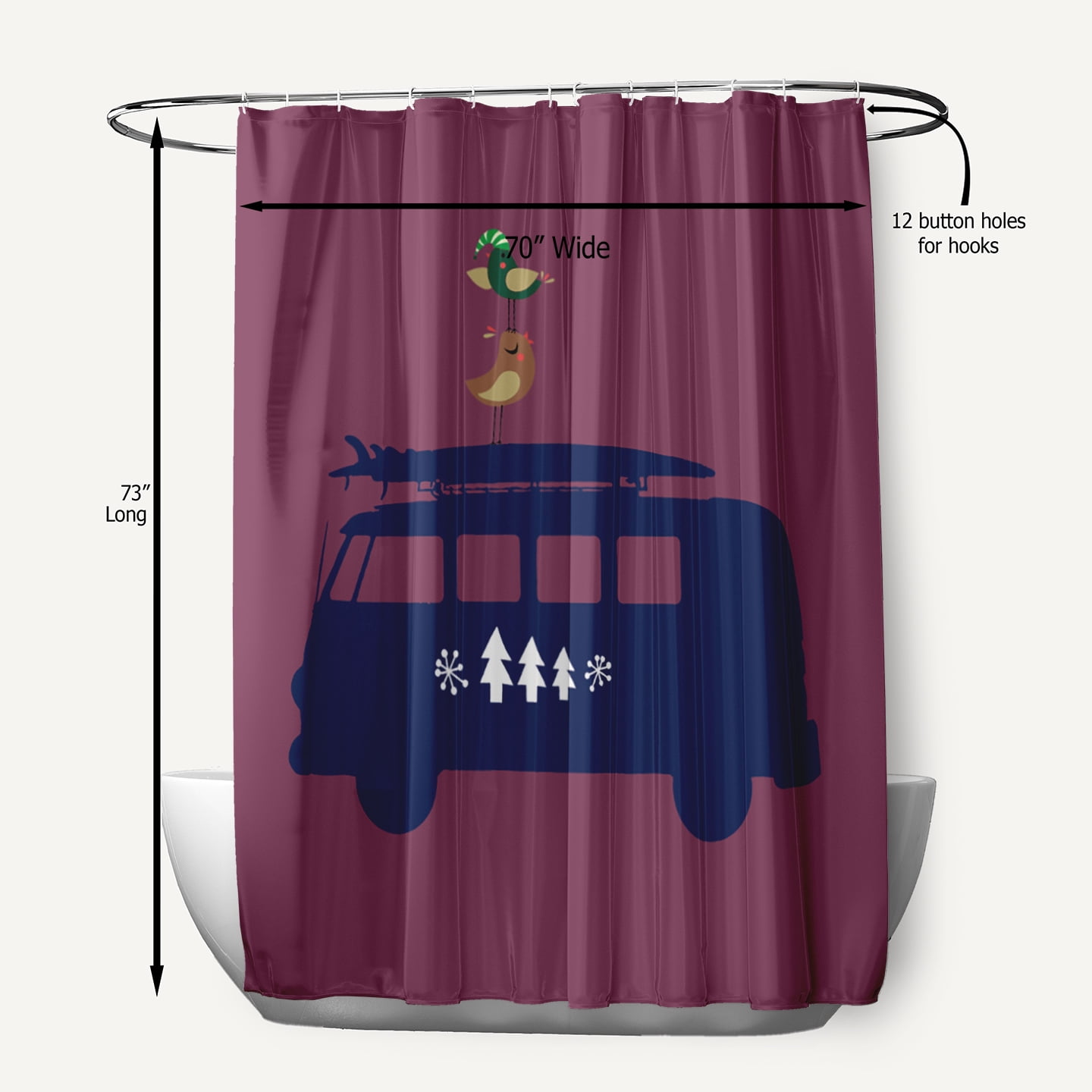 Simply Daisy 70" W x 73" L Christmas Surf Bird Polyester Shower Curtain, Passion Flower [1 Ct]