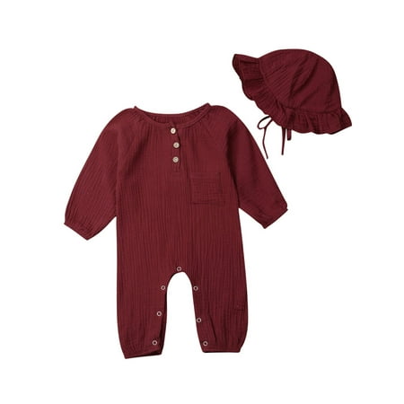 

Newborn Infant Baby Boys Girls Solid Romper Hat Toddler Autumn Clothes Long Sleeve Cotton Linen Jumpsuit Baby Clothing