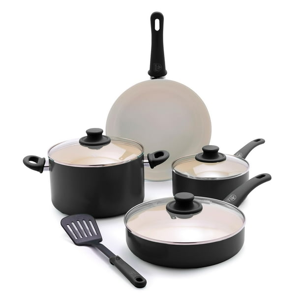 GreenLife Juego de utensilios de cocina Soft Grip de 8 piezas, antiadherente de cerámica sin PFAS, utensilios para freír, salsa, saltear, tapas de vidrio, asas que se mantienen frías, sin oscilaciones
