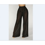 Puloru Women See Throug Mesh Flare Cover up Pants Swimsuit Bikini Bottom Cover up Elastic Waist Loose Wide Leg Long Palazzo Pants Trousers