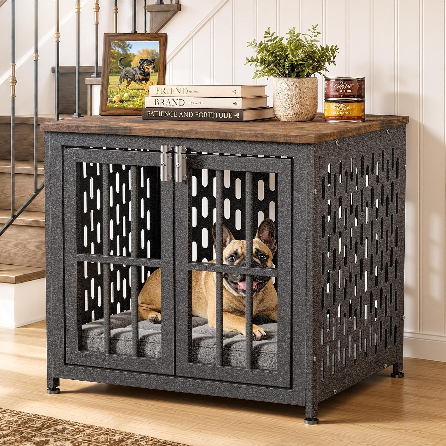 Heavy Duty Crate Furniture, 26 inch Crate for Small Dogs Aged Black | Escape Proof Crate with 2 Latches, -Proof Heavy-Duty Metal Tube, 0.5"Thick Panel, Adjustable Pads