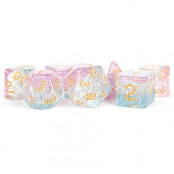 Metallic Dice Jeux LIC616 16 mm Résine de Spécialité Claire dés avec Rose & 44; Paillettes Argentées et Bleues - Nombres d'Or - Lot de 7