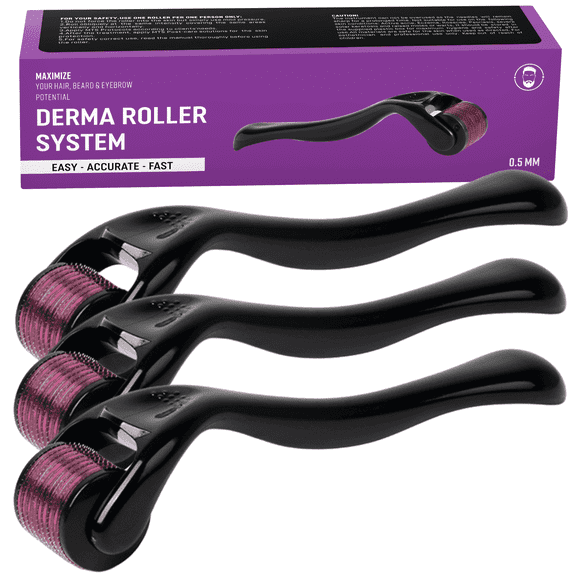 ABERA 540 Titanium Microneedle Roller for Face, Scalp, Beard & Hair Care Routine - Premium Cosmetic Exfoliating & Absorption Booster, Black Handle (3 Pack)