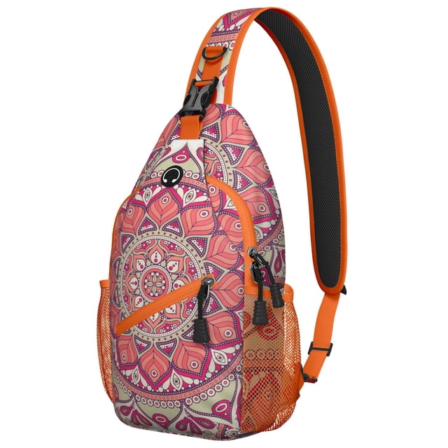Tribal Boho Mandala Sling Backpack for Women, Ethnic Inspired Shoulder Bag with Abstract Symmetrical Pattern, Lightweight Sacred Travel Daypack
