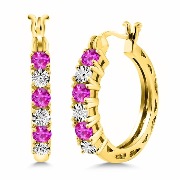 Gem Stone King 0.81 Ct Pink Sapphire E-F Lab Grown Diamond 18K Yellow Gold Plated Silver Earrings