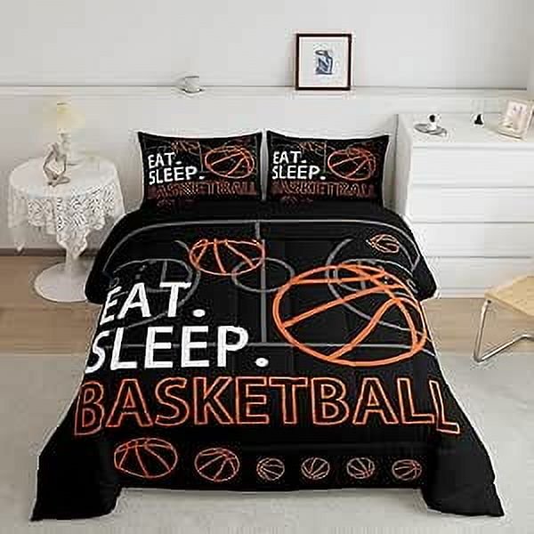 YST Basketball Comforter Set Black Orange Bedding Set for Kids Boys Girls Basketball Pattern Comforter Full Size Sport Game Ball Theme Quilt Set