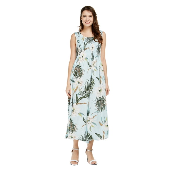 Women's Hawaiian Maxi Tank Elastic Luau Dress Wispy Cereus Light Blue