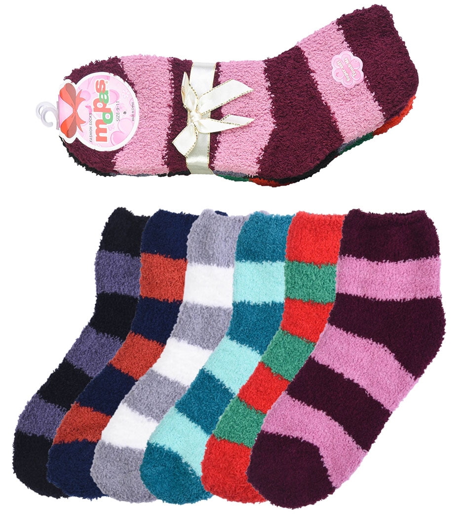 6 Pair of Women Fuzzy Soft Slipper Socks Plush Striped Colors Warm and Cozy