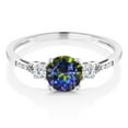 thumbnail image 2 of Gem Stone King 10K White Gold Blue Mystic Topaz White Created Sapphire and White Diamond Accent 3-Stone Engagement Ring for Women (1.14 Cttw, Round 6MM, Gemstone November Birthstone, Size 9.5), 2 of 5