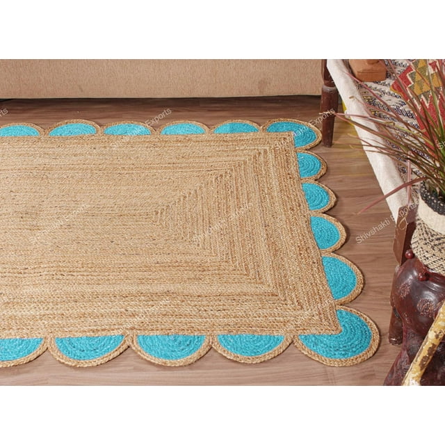 SSE Natural Scalloped Jute Runner Rug for Entryway, Braided Jute Runner Rug for Kitchen,Reversible Indoor & Outdoor Jute Rug for Entryway (Turquoise, 2.5x20 ft / 75X600 Cm)