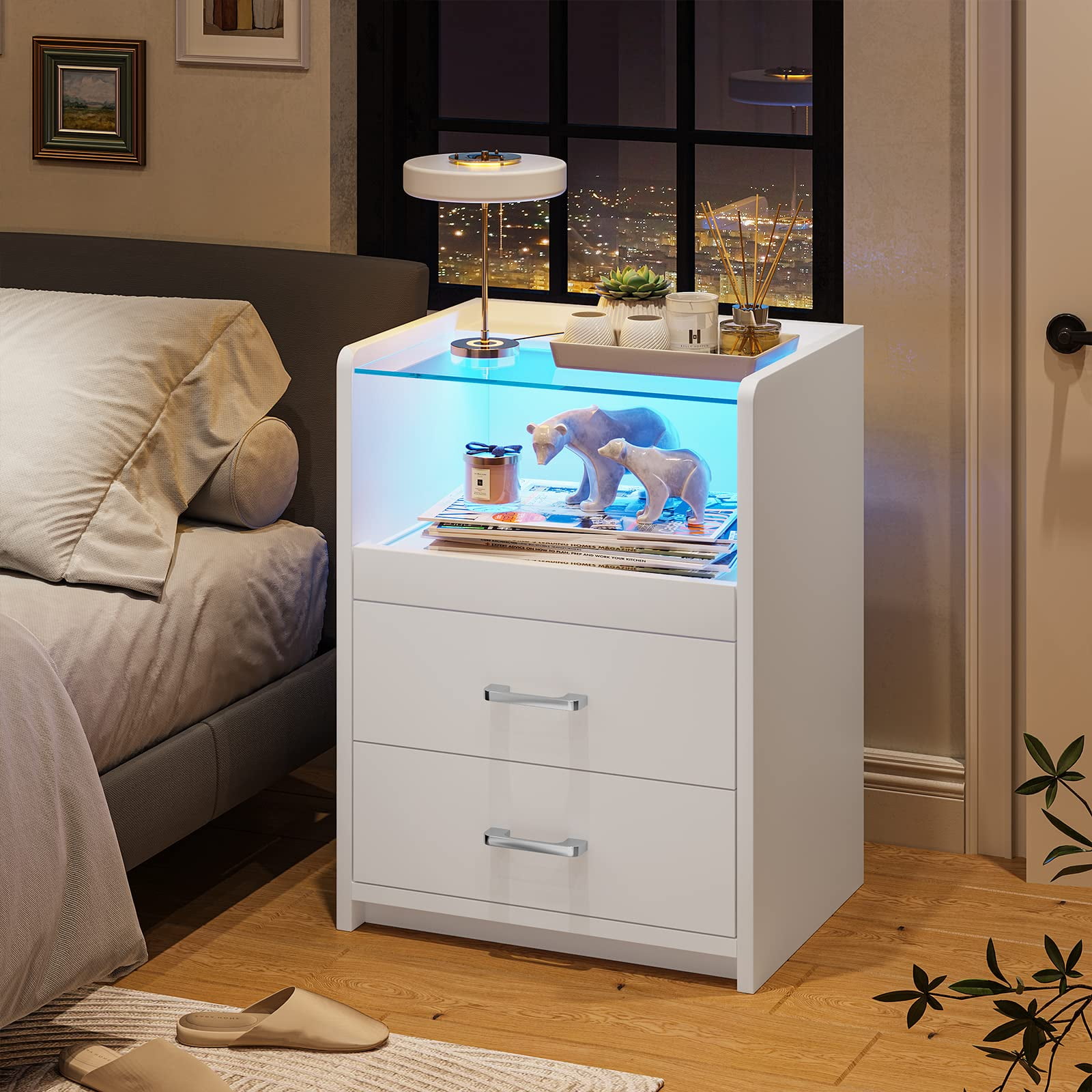 LED Nightstand with 2 Drawers & USB Ports & Outlets for Bedroom, Night