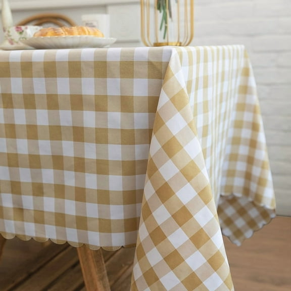 Sterakm Checkered Tablecloth for Rectangle Tables, Gingham Polyester Table Cloth, Wipeable Reusable Hand Washable Tablecloths, Light Brown, 63"Ã55"