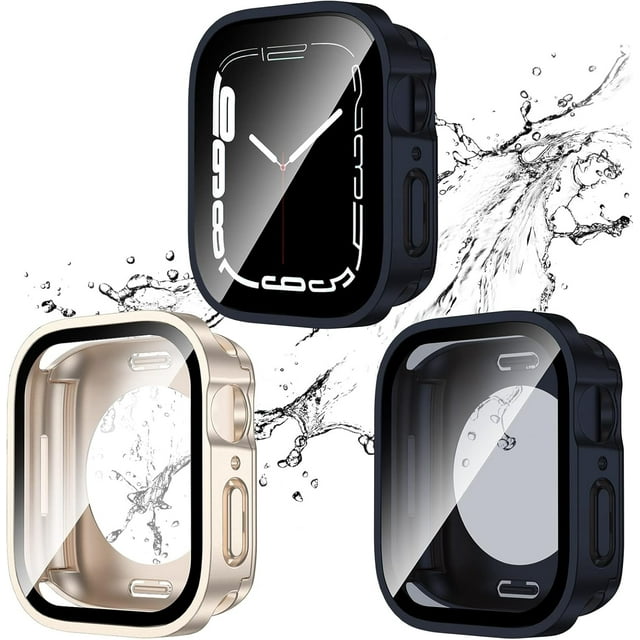 KOMI 2 Pack 2 in 1 Waterproof Case for Apple Watch Series SE SE2 6 5 4 44mm, Straight Edge PC Front & Back Bumper with Tempered Glass Screen Protector 360 Protective Cover for iWatch 44mm