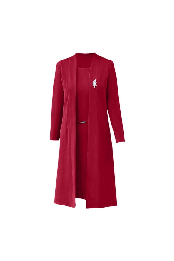 2 Pcs/Set Women Coat Dress Suit Long Sleeves Mid Length Solid Color Jacket Sleeveless Round Neck A-line Midi Dress Plus Size Formal Business Style Banquet Outfit