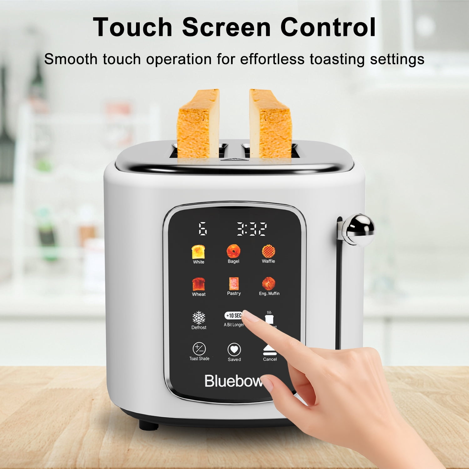 Bluebow 2-Slice Toaster, 1.5" Wide Slots, Touchscreen with 6 Bread Types & Shade Settings, Reheat, Defrost, Saved, Removable Tray, White