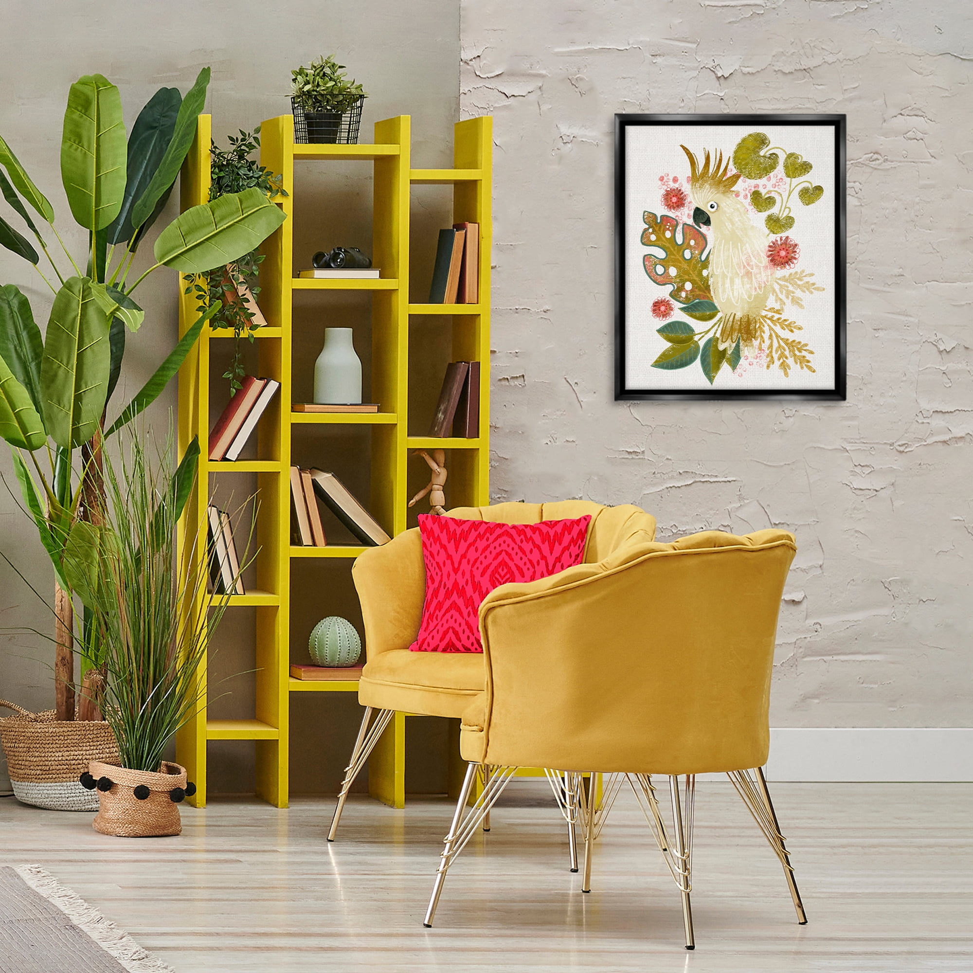 Stupell Industries Cockatoo & Tropical Leaves Animals & Insects Painting Black Floater Framed Canvas Art Print Wall Art, 17 x 21