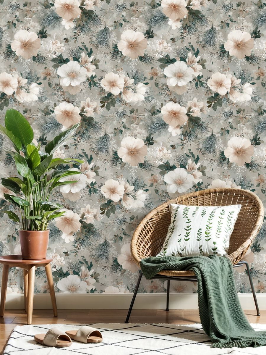 Peel and Stick Wallpaper Elegant Floral Soft Beige White Blooms Muted Green Wall Mural 23.6in x 9.8ft Self Adhesive Removable Wall Paper Renter Friendly Wallpaper for Bedroom