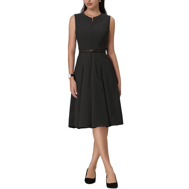 INSPIRE CHIC Robe Sans Manches pour Femme à Fermeture Éclair, Ceinturée, Coupe Ajustée et Évasée, Robe Midi pour le Travail 2TG Noir