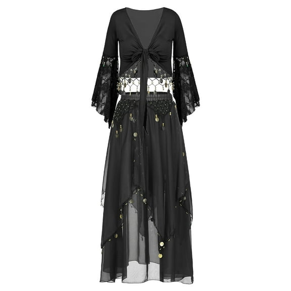 YONGHS Women's Belly Dance Dress Suit Chiffon Cropped Cardigan Tops with Lantern Pants Black XL