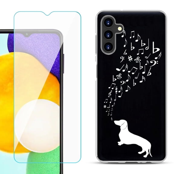 Slim-Fit TPU Fashion Phone Case for Samsung Galaxy A13 5G, with Tempered Glass Screen Protector, by OneToughShield ® - Dachshund/Puppy Music